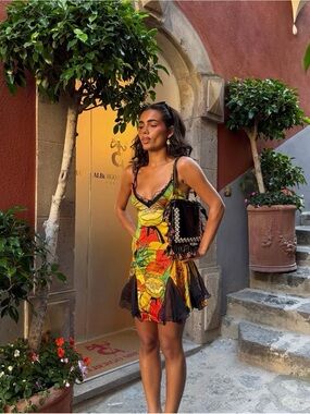 Donde Esteban Frutas Silk Satin Lace Mini Dress in Tropical Black Yellow Fruit